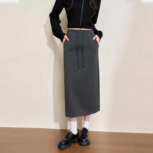 百搭日常休闲抽绳松紧腰半身裙女秋季中长款显瘦直筒裙V3642593 商品图0