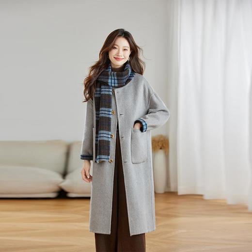 两面穿蓝色格纹羊毛大衣，设计感休闲中长款毛呢外套QIXFS248826-1 商品图3