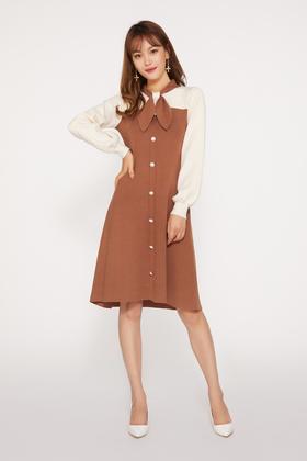 Le Malene 焦糖拼色系带领针织连衣裙 10267