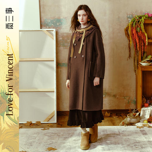 【暖冬内购】两三事梵高文艺弥香温存2024冬季新款绣花口袋可拆帽子毛呢外套女 商品图0