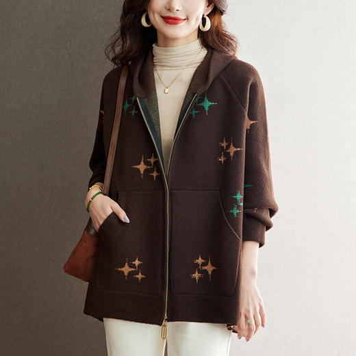 SCM181 连帽毛呢开衫女秋冬中长款遮屁股上衣2024新款胖妹妹外套拉链女装 商品图0