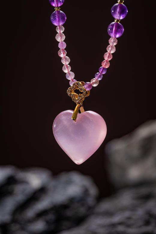 吉祥天地 粉水晶心形项链 礼品送礼送女友 商品图2