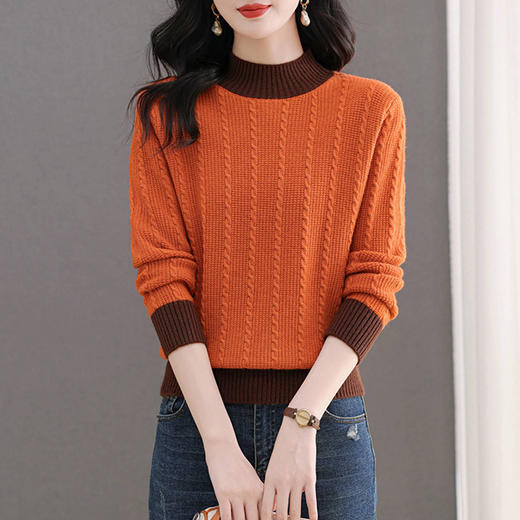 CC-103-66138拼色半高领毛衣女秋冬款2024新款宽松洋气套头上衣麻花针织打底衫 商品图1