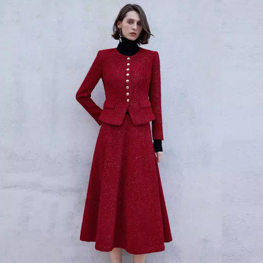 IWY /秋冬新款通勤套装圆领小香风职业两件套高级感红色跨年战袍C2045-R+S2098 商品图0