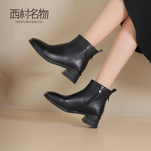 西村名物2024秋冬新品法式真皮短靴百搭粗跟方头瘦瘦靴女T24DS48151 商品图1