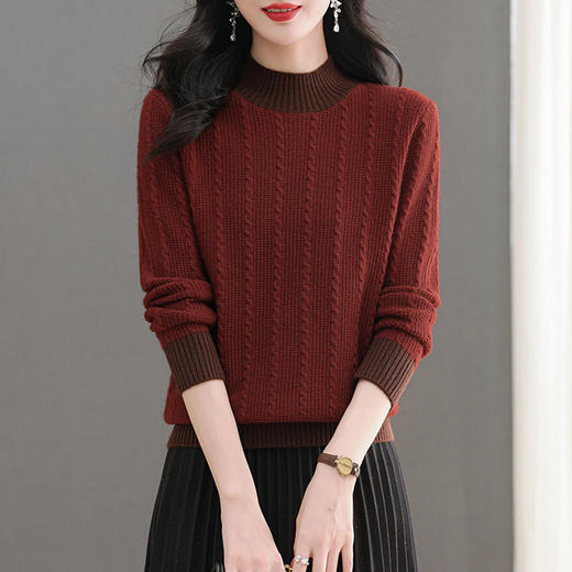 CC-103-66138拼色半高领毛衣女秋冬款2024新款宽松洋气套头上衣麻花针织打底衫 商品图2