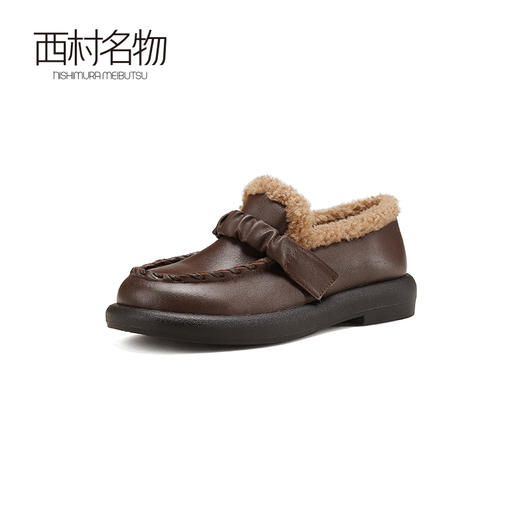西村名物2024秋冬新品百搭舒适防滑真皮加绒一脚蹬乐福鞋女毛毛鞋T24DM47221 商品图6