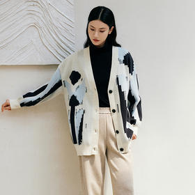 玳莎提花宽松针织开衫女2024年冬季新款通勤休闲慵懒风落肩袖外套  ED33309