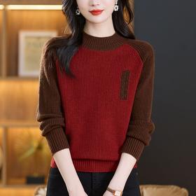 CC-101-689126毛衣女秋冬2024年新款拼色半高领厚款时尚洋气上衣宽松针织打底衫