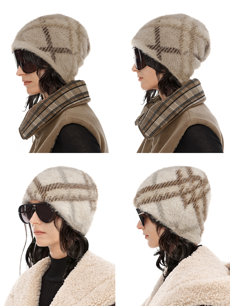 NUTH  正反两面戴保暖格纹毛绒针织冷帽女