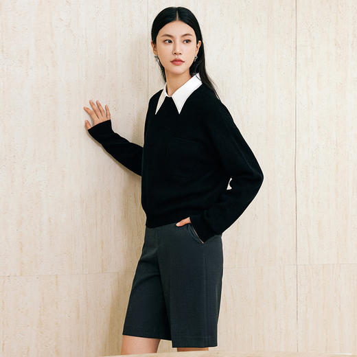 玳莎全羊毛落肩袖毛衣女2024年冬季新款宽松慵懒风黑色针织衫上衣  ED33315 商品图1