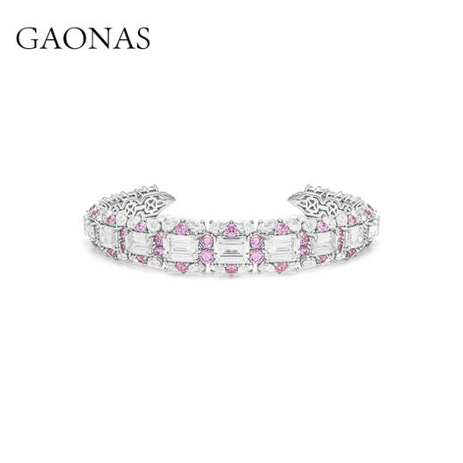GAONAS 925银合成锆石手镯 时尚设计重磅豪镶粉白开口手镯10496SP 商品图0