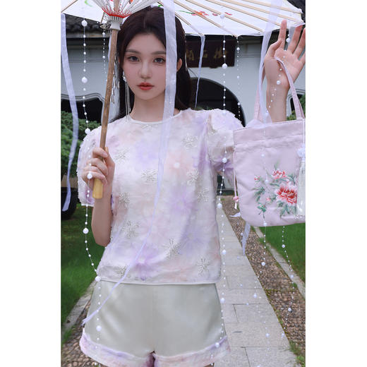 清仓捡漏  【紫霞仙子套装】花朵上衣+花边宽腰短裤套装 LT230042 LK230096 商品图1