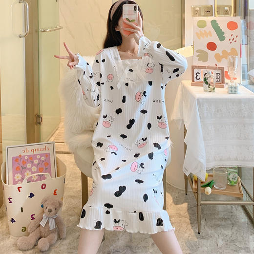 【冬季日系，甜美公主ins慵懒风睡裙】秋季长袖公主风甜美可爱睡裙，轻盈软糯透气舒适，过膝宽松大码蕾丝花边春秋季睡衣裙QQ 商品图0