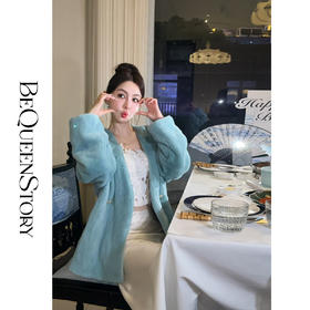 余潇潇【恋冬蓝宝石】高级时髦重工天鹅绒水貂毛皮V领收腰皮草外套