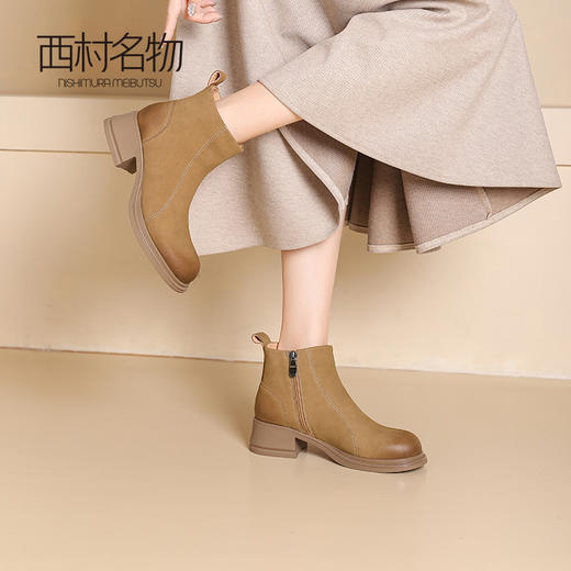 西村名物2024冬季新款厚底粗跟真皮短靴简约舒适马丁靴女X24DS47401 商品图1