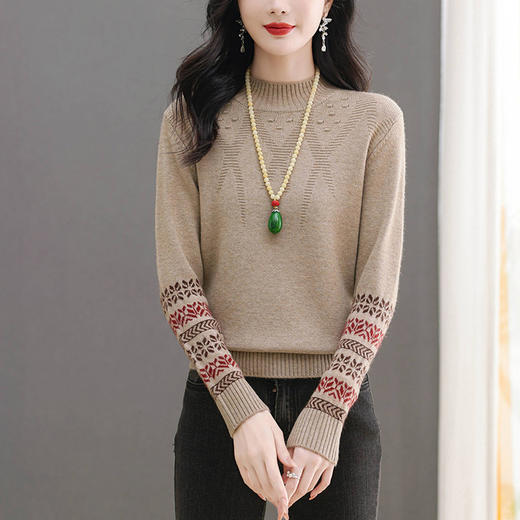 CC-103-66139半高领羊毛打底衫女秋冬洋气内搭提花毛衣短款显瘦针织衫 商品图1