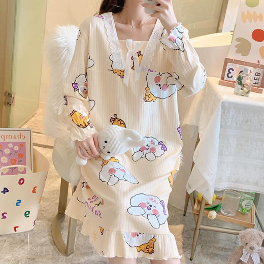 【冬季日系，甜美公主ins慵懒风睡裙】秋季长袖公主风甜美可爱睡裙，轻盈软糯透气舒适，过膝宽松大码蕾丝花边春秋季睡衣裙QQ 商品图3