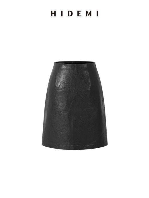 HIDEMI 【董生活同款】超显瘦中腰款可再生蛋白皮环保皮水洗做旧感立裁半身裙a字短裙皮裙 黑色/深棕色 商品图11