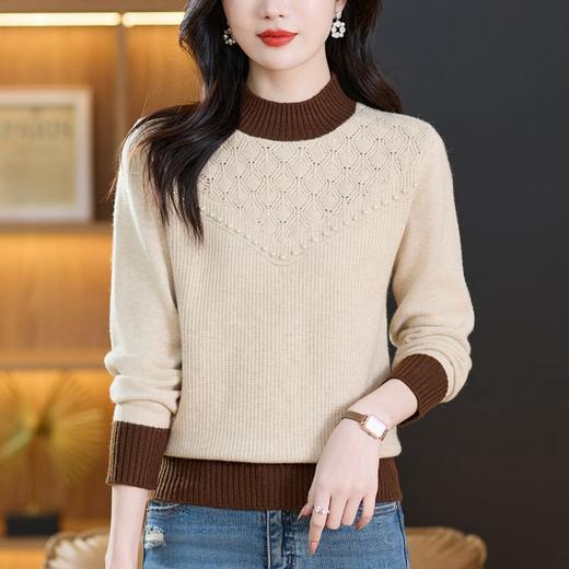 CC-101-689125半高领针织衫女士长袖t恤上衣秋冬季新款2024内搭钉珠毛衣打底衫 商品图1