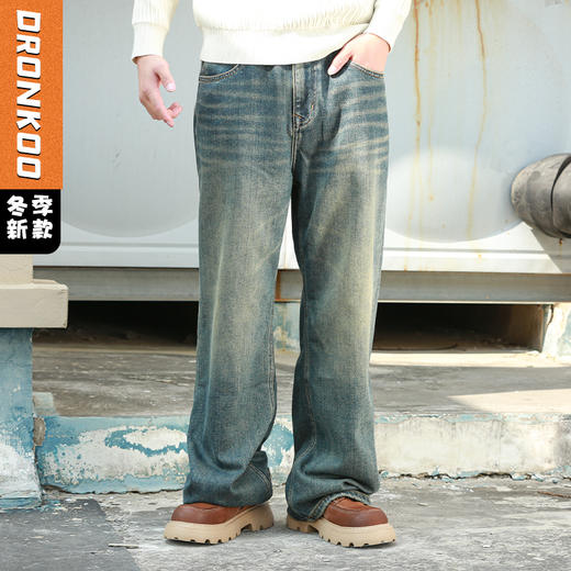 DRONKOO 2024 正常腰后袋交错折线绣线复古洗水底磨毛厚牛仔长裤 商品图0