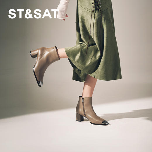 星期六极简金属方头粗跟羊皮短靴SSC4116361 商品图2