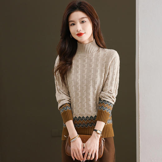 CC-103-H6131秋冬季上衣女士打底衫2024新款洋气绞花毛衣内搭拼色针织 商品图2