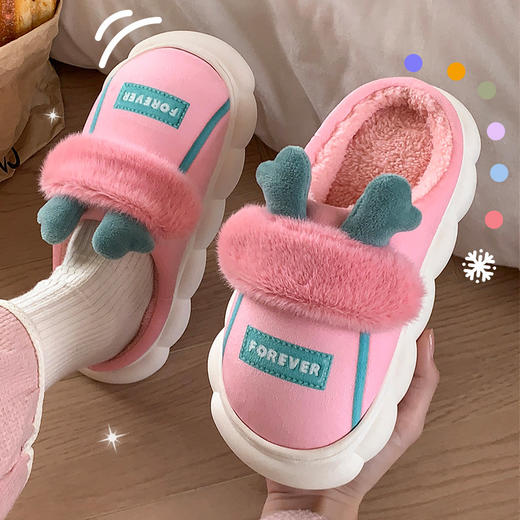 【炒可爱小鹿棉拖睛利器】被姐妹疯狂种草的鹿角棉拖鞋，可太戳我少女心了，家居防滑加绒保暖可爱静音毛绒棉拖女QQ 商品图3