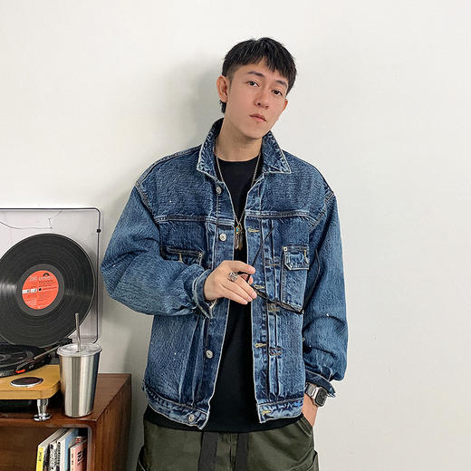 徐太浪秋季水洗蓝色纯棉牛仔外套男时尚潮牌工装宽松休闲翻领夹克 商品图0