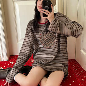 【顺丰包邮】42954 洛诗琳美式复古趣味条纹慵懒感长袖T恤上衣629