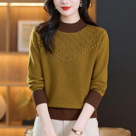 CC-101-689125半高领针织衫女士长袖t恤上衣秋冬季新款2024内搭钉珠毛衣打底衫 商品图2