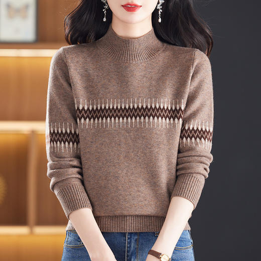 CC-101-56871慵懒风秋冬毛衣女2024新款时尚半高领咖色上衣厚款内搭针织打底衫 商品图2