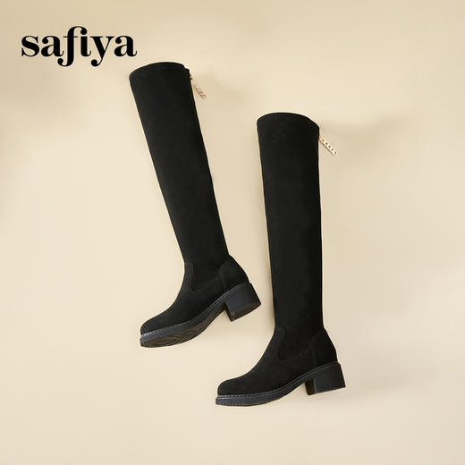 Safiya/索菲娅秋冬显瘦圆头百搭弹力高跟不掉筒过膝长靴 SF44117097 /SF44119097 商品图4