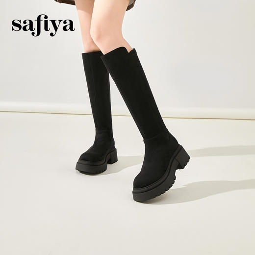 Safiya/索菲娅2024秋冬不过膝瘦瘦弹力绒面粗跟小个子增高长靴 SF44117249 商品图3