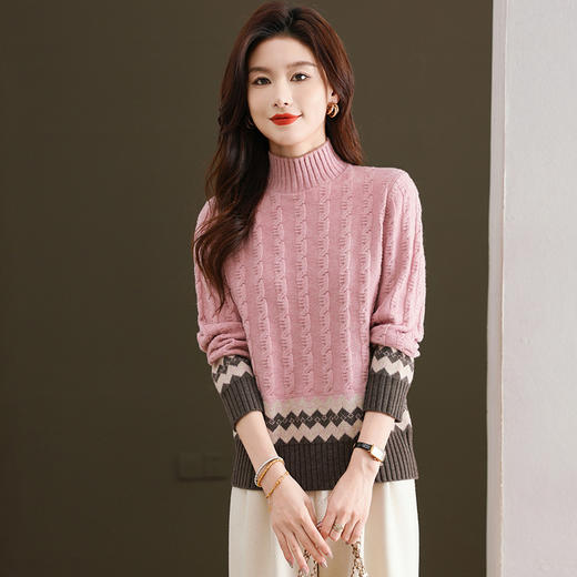 CC-103-H6131秋冬季上衣女士打底衫2024新款洋气绞花毛衣内搭拼色针织 商品图1
