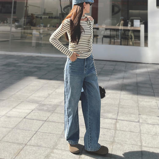 【顺丰包邮】42606 洛诗琳松弛感口袋蝴蝶结复古显瘦直筒牛仔裤704 商品图1