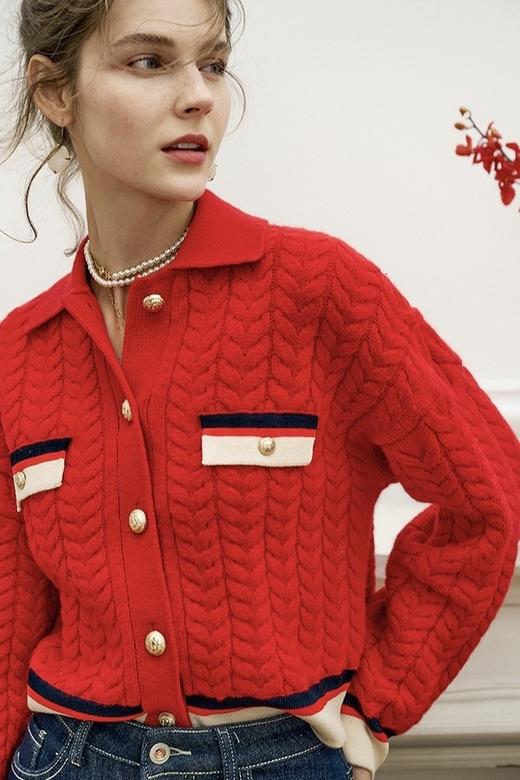 ANSUABEL 复古绞花翻领针织外套 17345 商品图3