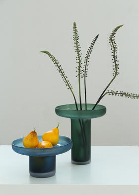 轻奢风创意克莱因蓝手工异形直筒磨砂玻璃花瓶客厅孔雀蓝台面花瓶