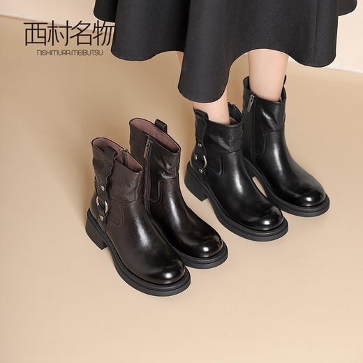 西村名物新款减龄显瘦短靴2024冬季新款英伦风圆头粗跟短靴X24DS47621 商品图2