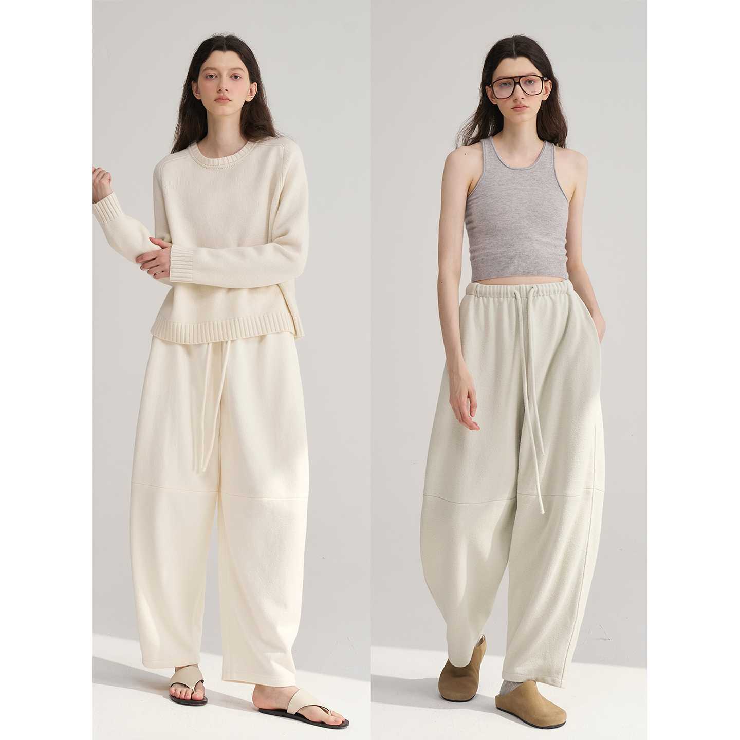 MAISON CECILE四色/保暖薄绒松紧腰分割线茧型九分裤