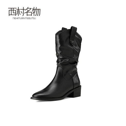 西村名物2024秋冬新款复古英伦风尖头粗跟褶皱美拉德中筒靴女T24DC46871 商品图1