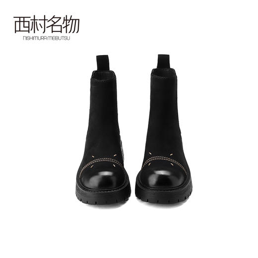 西村名物2024秋冬新款英伦风圆头真皮厚底弹力袜靴时尚短筒靴女X24DS47201 商品图2