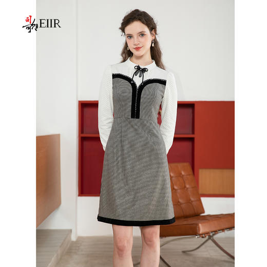 司歌格子拼接蕾丝长袖秋冬连衣裙复古收腰A901192X 商品图0