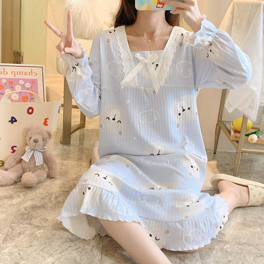 【冬季日系，甜美公主ins慵懒风睡裙】秋季长袖公主风甜美可爱睡裙，轻盈软糯透气舒适，过膝宽松大码蕾丝花边春秋季睡衣裙QQ 商品图1