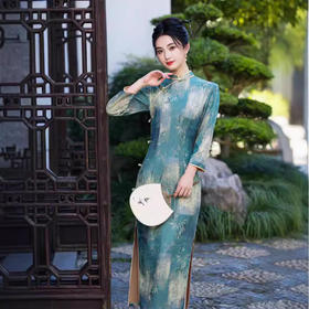 云岚绒绿色竹叶，印花低开衩修身旗袍SJT-697