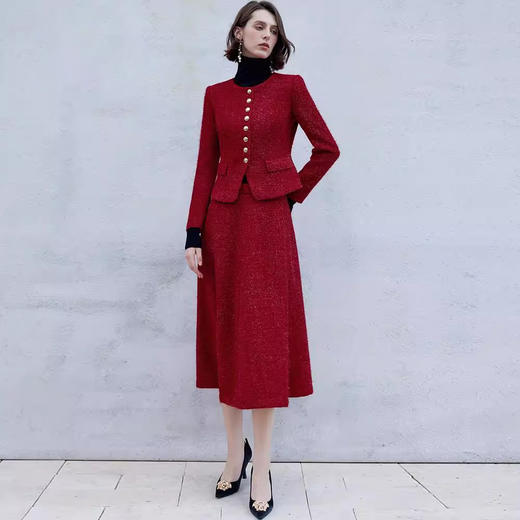 IWY /秋冬新款通勤套装圆领小香风职业两件套高级感红色跨年战袍C2045-R+S2098 商品图2