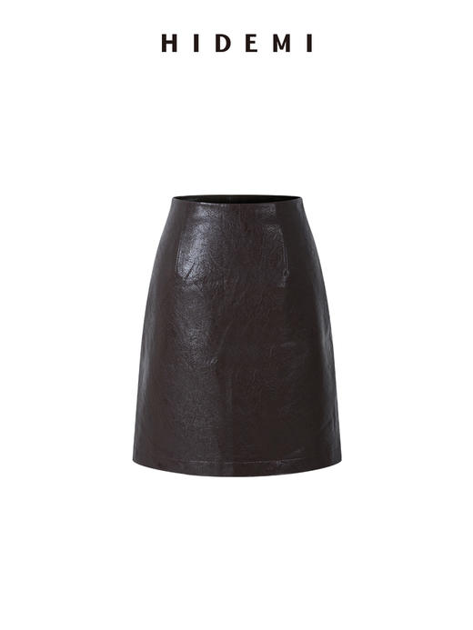 HIDEMI 【董生活同款】超显瘦中腰款可再生蛋白皮环保皮水洗做旧感立裁半身裙a字短裙皮裙 黑色/深棕色 商品图10