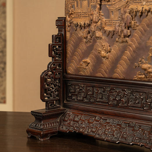 清 红木边座祁阳石屏芯高浮雕海屋添筹插屏 商品图3