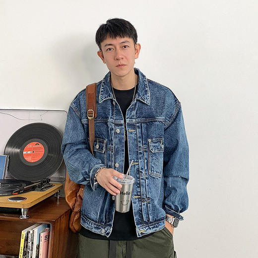 徐太浪秋季水洗蓝色纯棉牛仔外套男时尚潮牌工装宽松休闲翻领夹克 商品图1