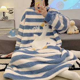 【秋冬厚实珊瑚绒条纹睡衣】静享生活重新定义家居服，优质精梳纯棉面料~舒适透气，家居服法兰绒加绒加厚大码孕妇连衣裙QQ